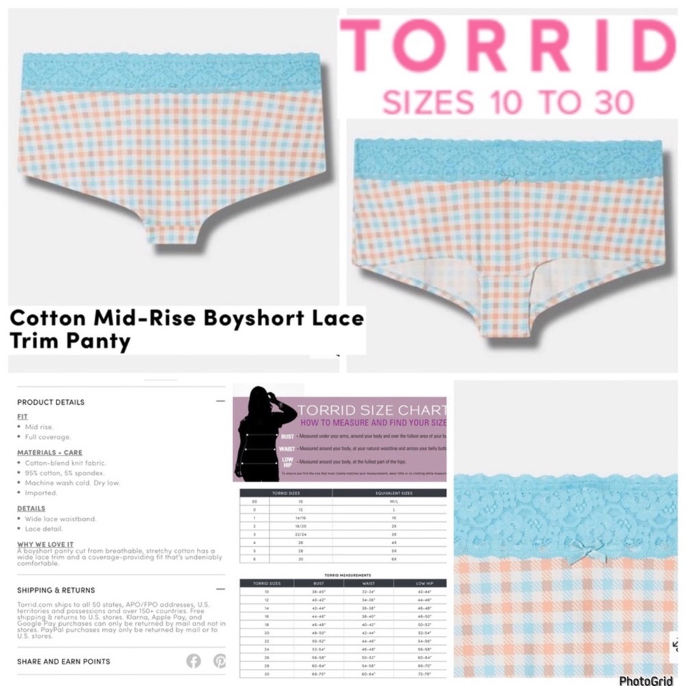 🌟🌟🌟Torrid 5 plus size plaid boyshort lace trim panty NWT